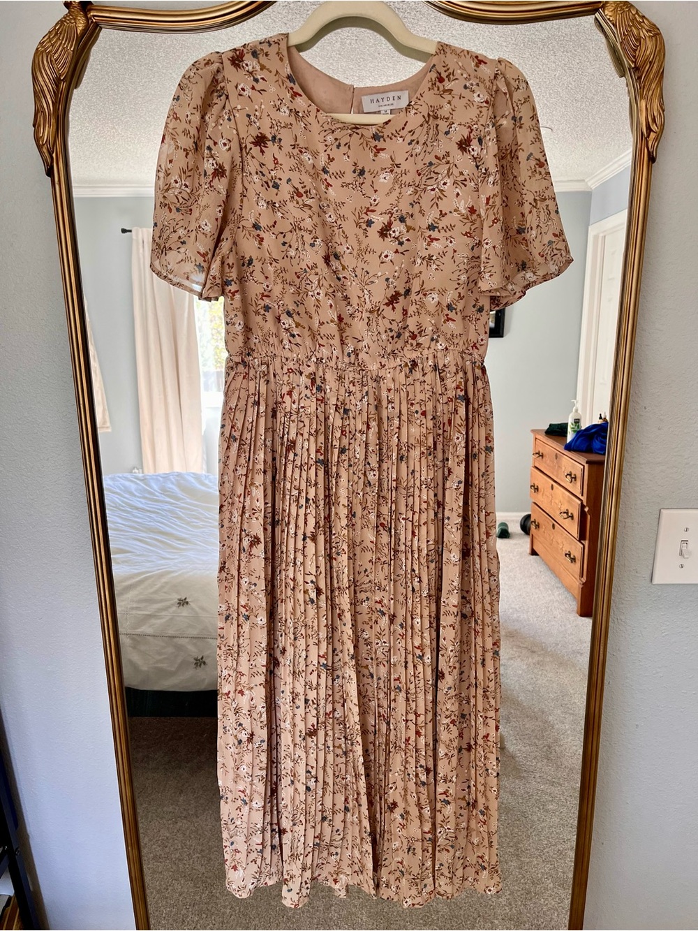 Pinkblush Beige Floral Pleated Midi Dress